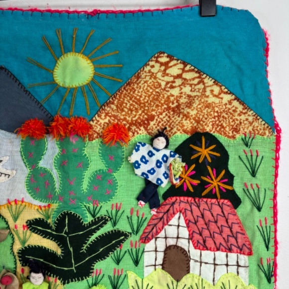 Peru Arpillera Handmade 3D Wall Art Hanging Village Garden Cabbage Trees Cactus - Picture 3 of 12